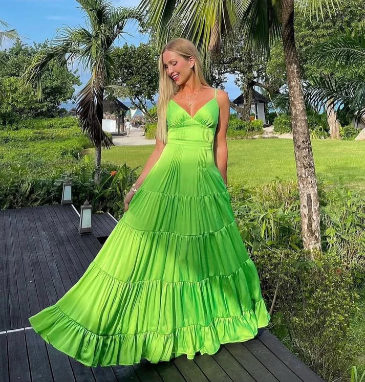 Green A-Line Straps Satin Long Prom Dress Formal Party Dress, D94