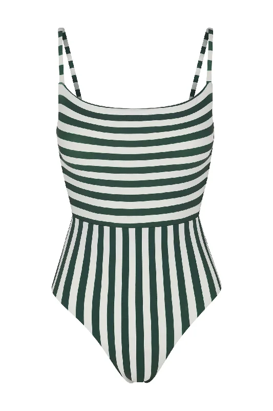 Square Neck Open Back One-Piece in Green Mixed Stripes