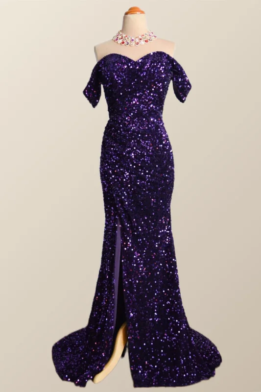 Off the Shoulder Purple Velvet Sequin Mermaid Party Dress