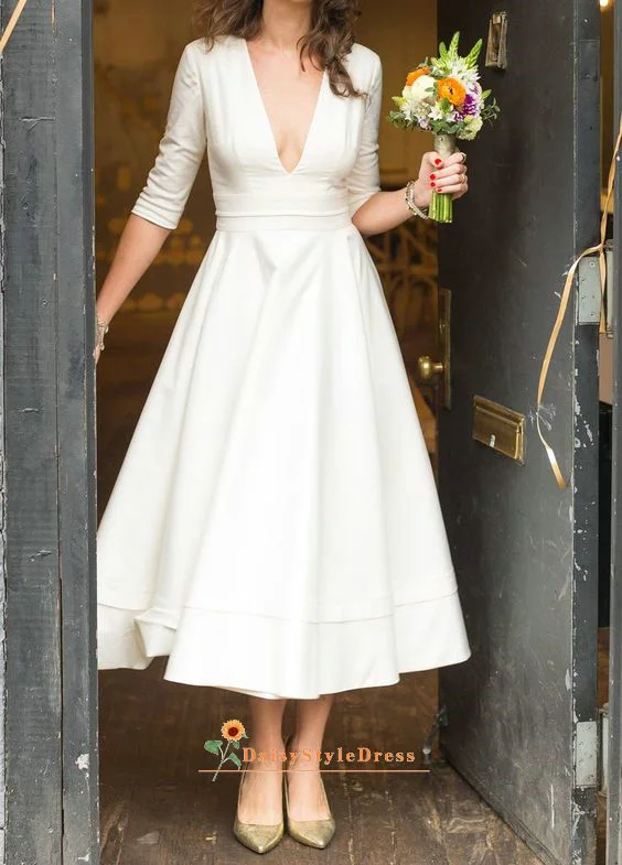 Vintage Tea Length Half Sleeves Wedding Dress