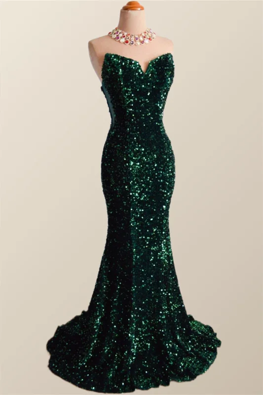 Strapless Dark Green Velvet Sequin Mermaid Party Dress