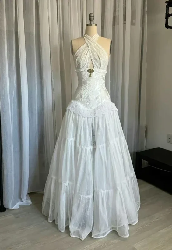 Elegant Halter A-Line Tulle Lace White Long Party Dress Vintage Wedding Dress MD7505