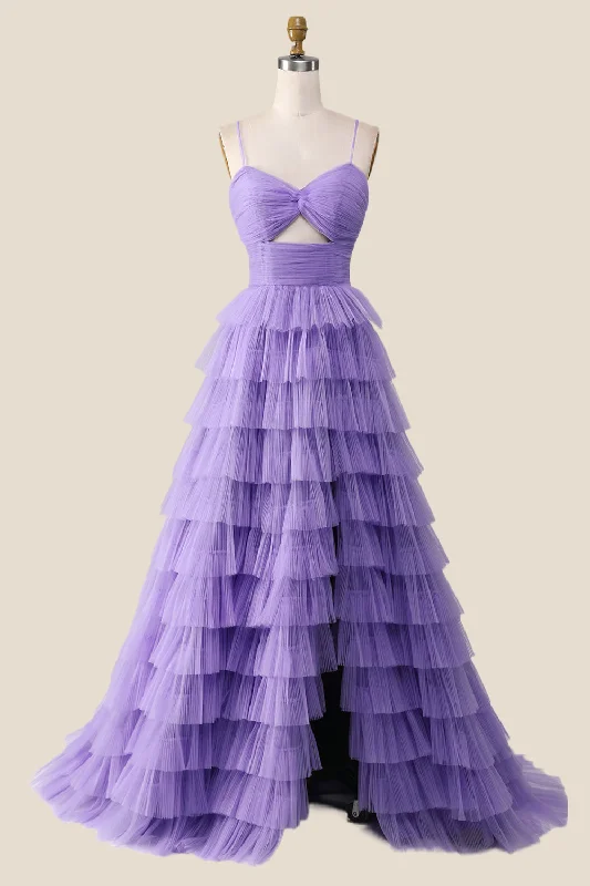 Knotted Purple Tulle Tiered Long Party Dress