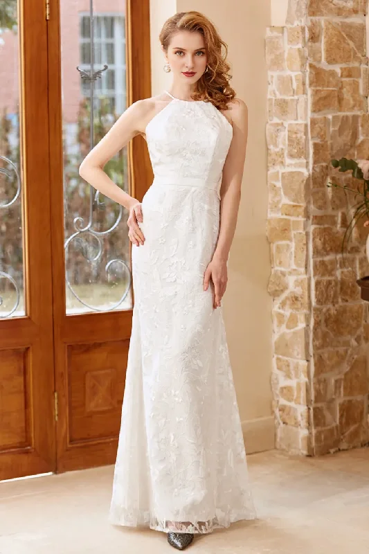 White hanging neck fish tail and floor length church wedding dress