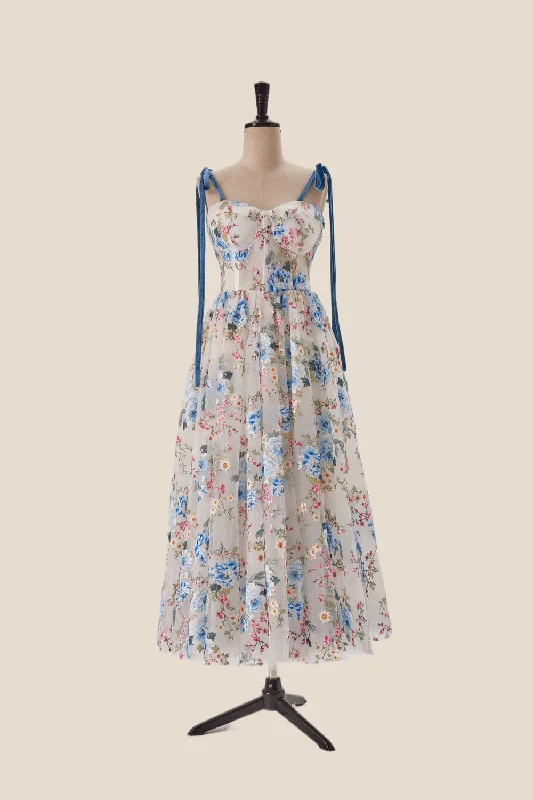 Blue Floral Tea Length A-line Party Dress