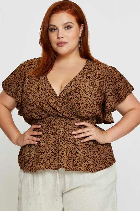 Animal Print Peplum Top Short Sleeve