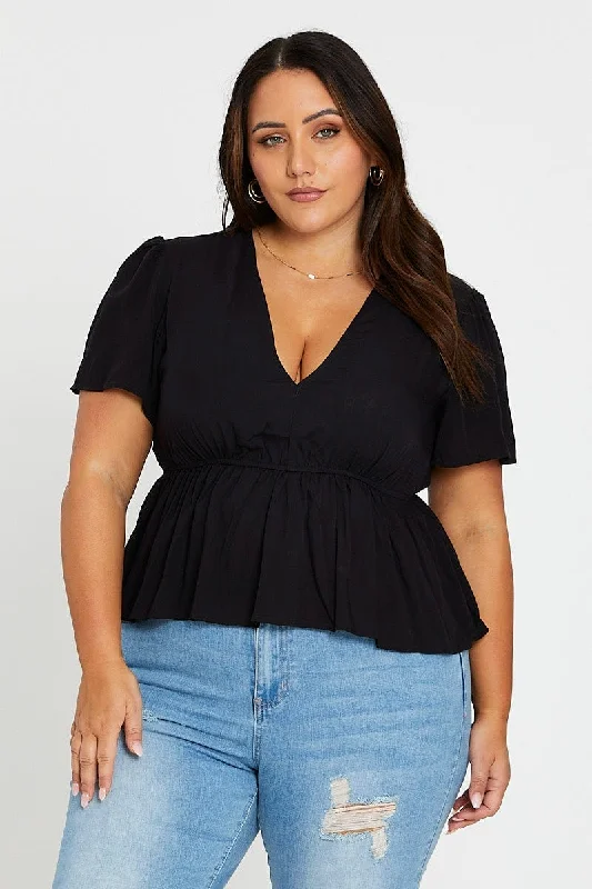 Black Peplum Top Short Sleeve Textured