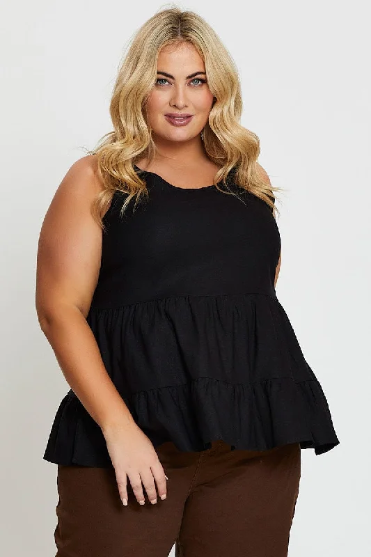 Black Tiered Top Sleeveless Linen Blend