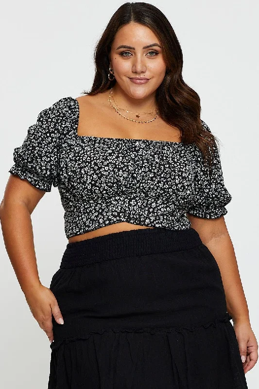 Ditsy Print Crop Top Short Sleeve Shirred Back