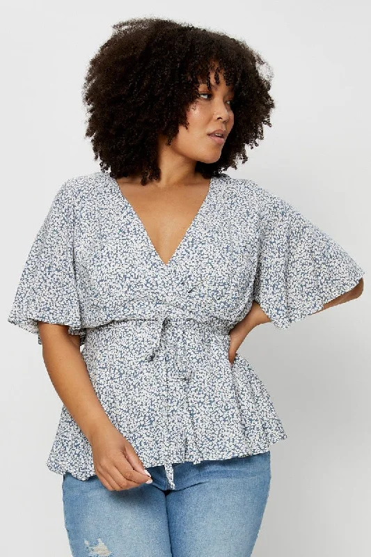 Ditsy Print Wrap Top Short Sleeve Chiffon