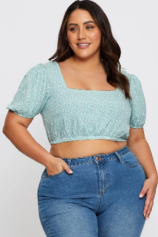 Floral Print Crop Top Short Sleeve