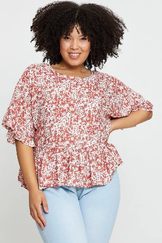 Floral Print Frill Top Short Sleeve