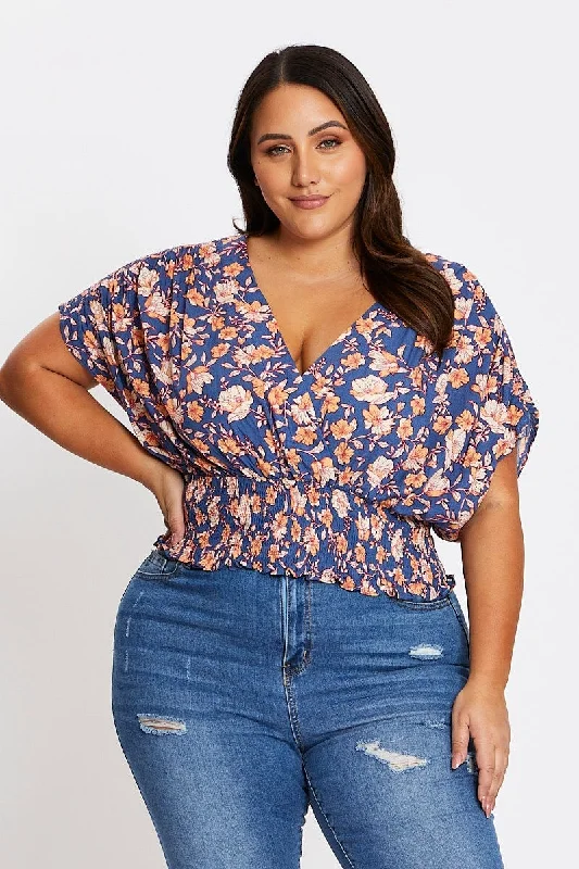 Floral Print Short Sleeve Ruched Detailing Top