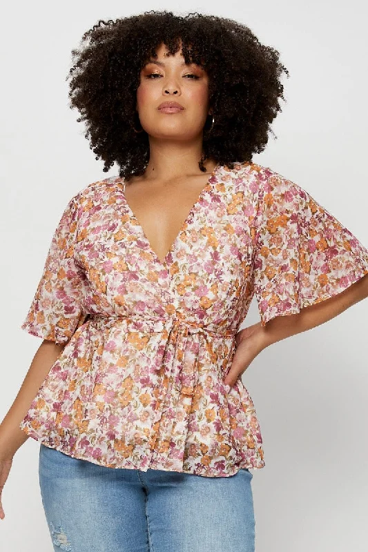 Floral Print Wrap Top Short Sleeve Chiffon