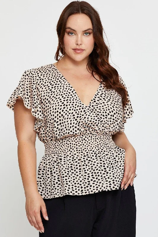 Geo Print Peplum Top Short Sleeve