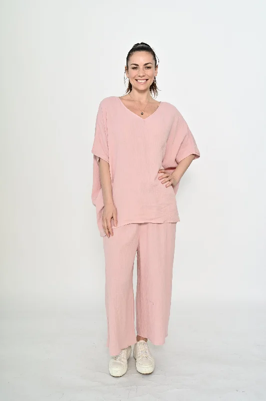 La Mode V-neck Kaftan Style Cotton Top Blush