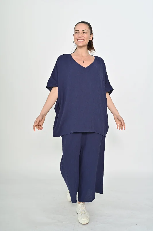 La Mode V-neck Kaftan Style Cotton Top Navy