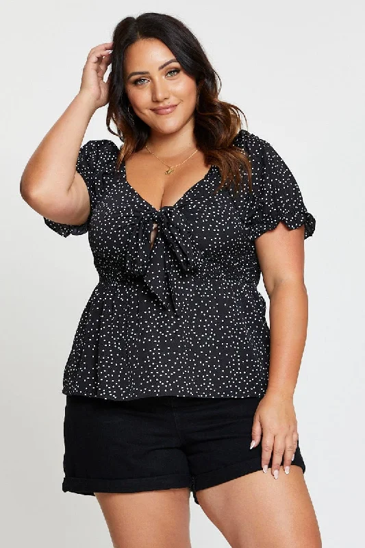 Polka Dot Tie Front Top Short Sleeve