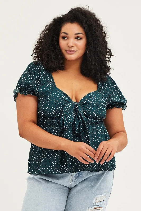 Polka Dot Tie Front Top Short Sleeve