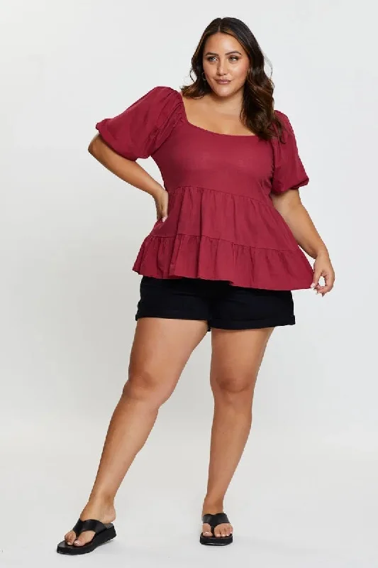 Red Tiered Top Short Sleeve Linen Blend