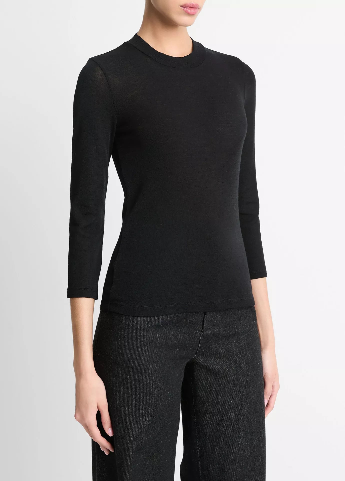 Wool Three-Quarter-Sleeve Mock-Neck Top - Black