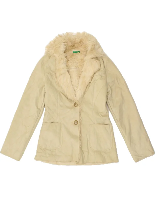 BENETTON Womens Sherpa Jacket IT 40 Small Beige Acrylic