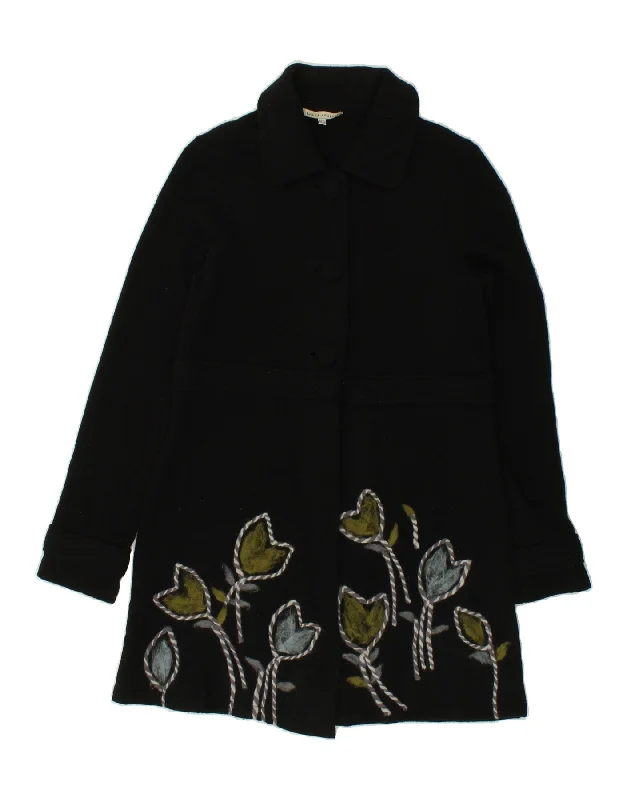 LAURA ASHLEY Womens Graphic Overcoat UK 14 Medium  Black Floral Wool