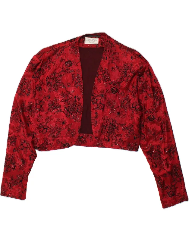 VINTAGE Womens Open Bolero Jacket EU 38 Medium Red Floral Viscose