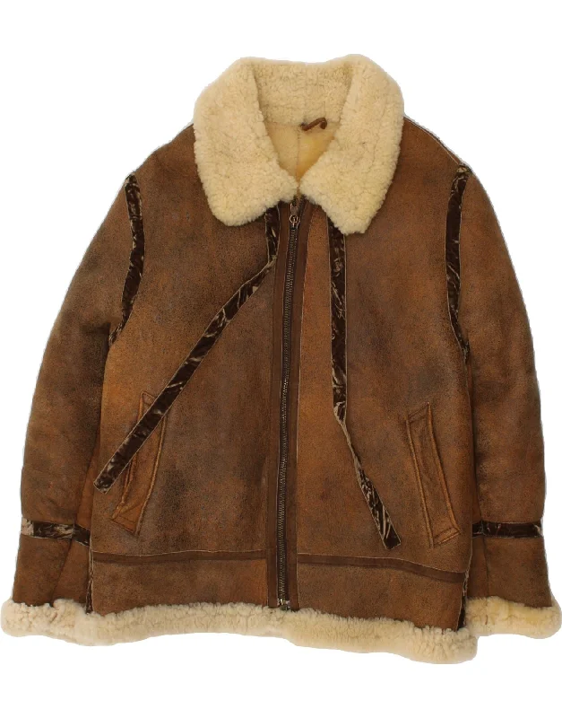 VINTAGE Womens Shearling Jacket UK 14 Large Brown