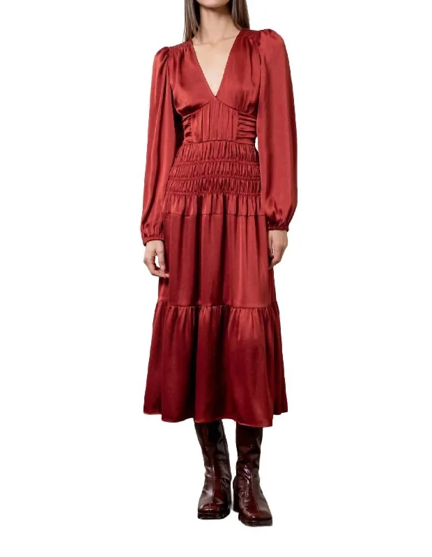 Merlot Satin Smocked Midi Dress In Red