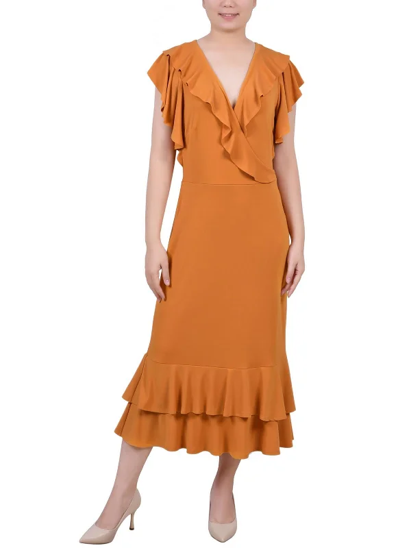 Petites Womens Ruffled A-Line Midi Dress