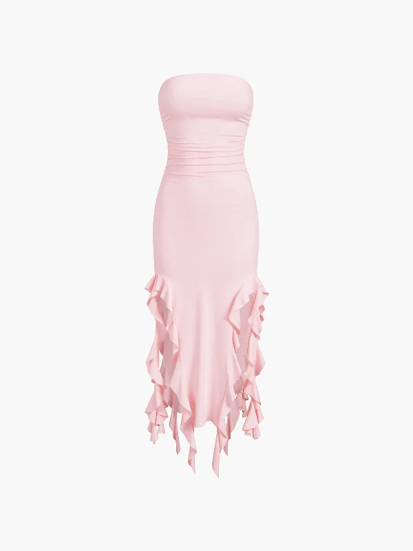 Ruffle Trim Tube Midi Dress