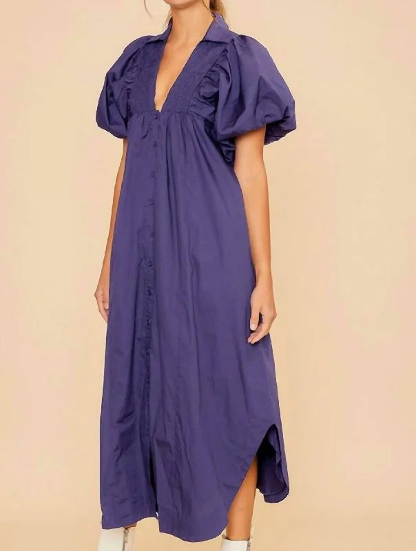 Smock Detail V Neck Puff Sleeve Midi Dress In Periwinkle