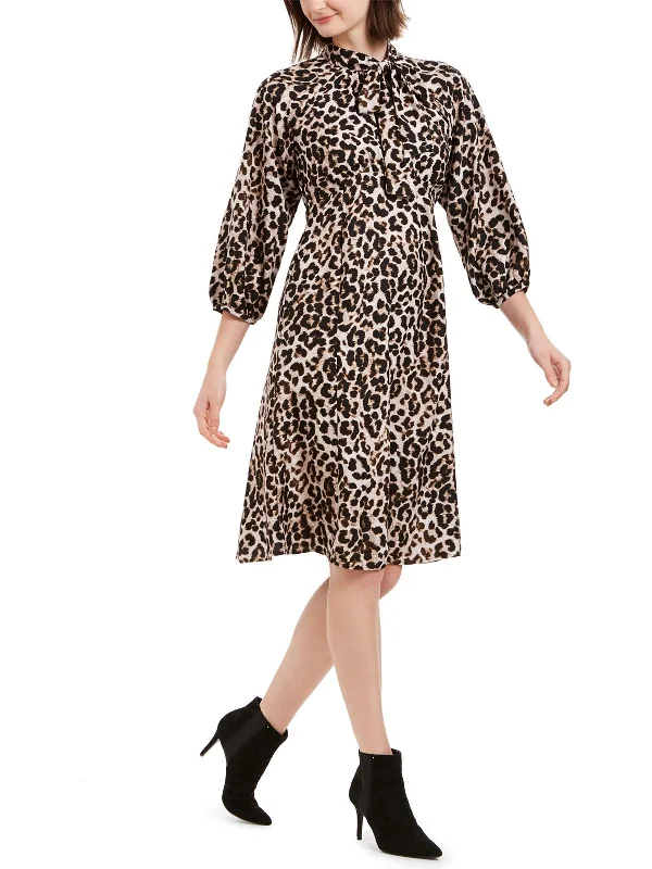 Womens Bishop Sleeve Animal Print Midi Dress