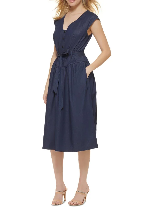 Womens Half-button Belted Midi Dress