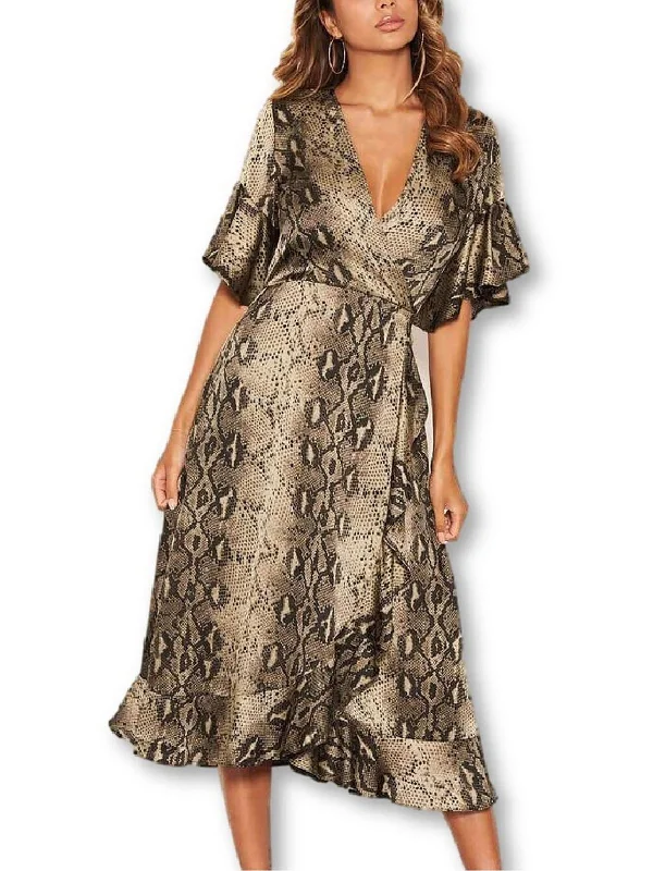 Womens Snake Print Faux Wrap Midi Dress