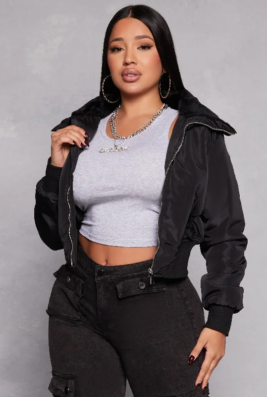 Faux Fur Collar Bomber Jacket