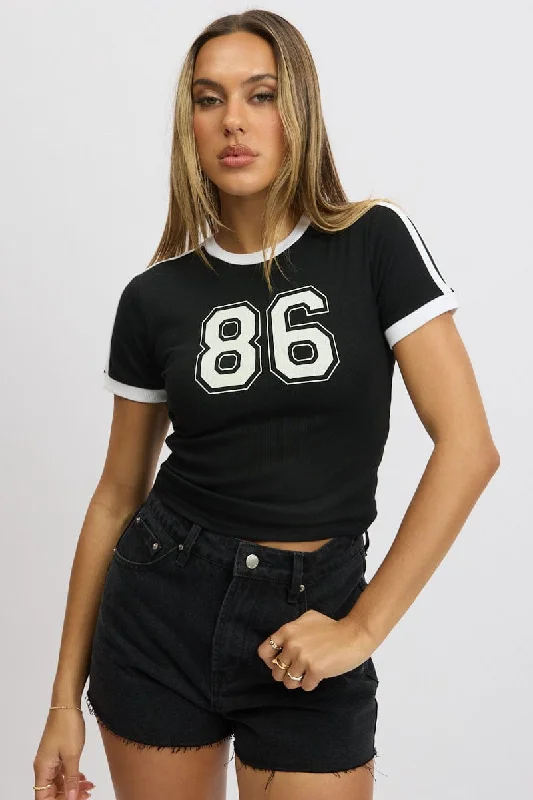 Black Graphic Tee Short Sleeve Contrast Binding