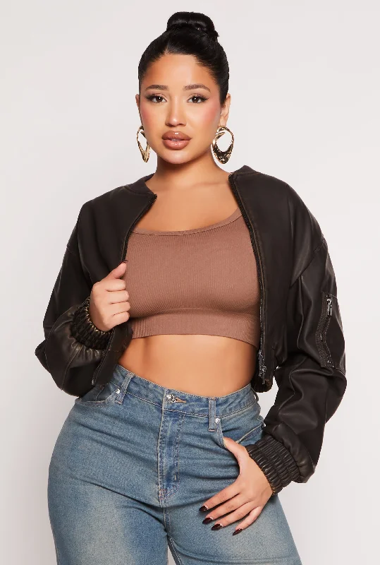 Haute Monde Faux Leather Cropped Bomber Jacket