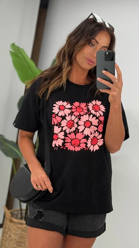 Rebel Club Pink Flower Box Boyfriend Tee Black