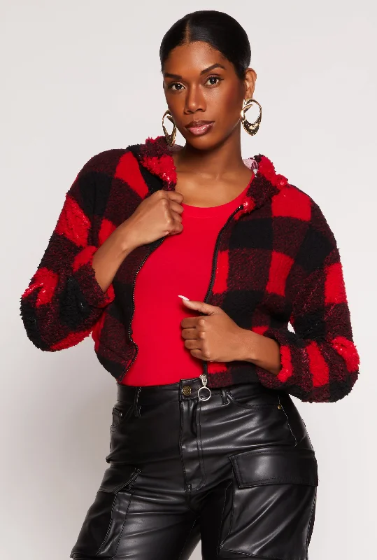 Buffalo Plaid Zip Front Hooded Cropped Jacket