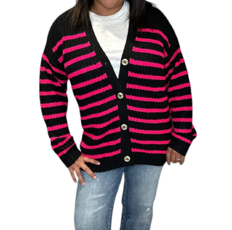 Vibe Stripe Cardigan Sweater In Black/pink